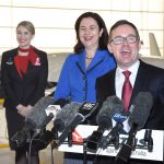 Queensland Deputy Premier Jackie Trad and Premier Annastacia Palaszczuk with Qantas CEO Alan Joyce and Qantas Cabin Crew at the Brisbane Heavy Maintenance Facility.