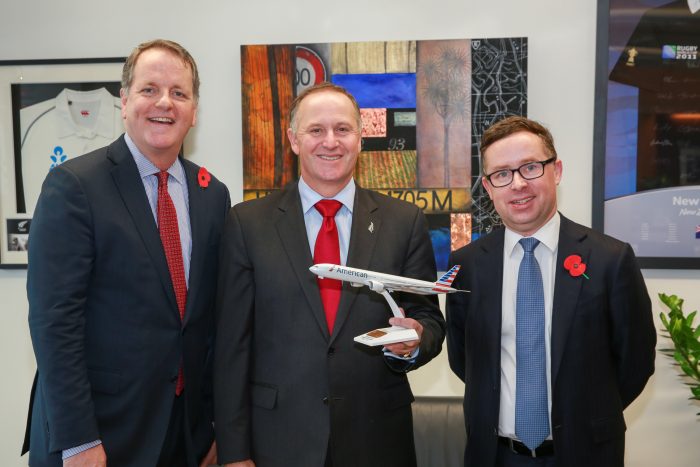 American Airlines CEO Doug Parker, New Zealand Prime Minister John Key, Qantas Group Chief Executive Officer Alan Joyce