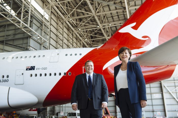 Vodafone Director of Sales Ben McIntosh (left) and Qantas Loyalty CEO Lesley Grant celebrate new partnership